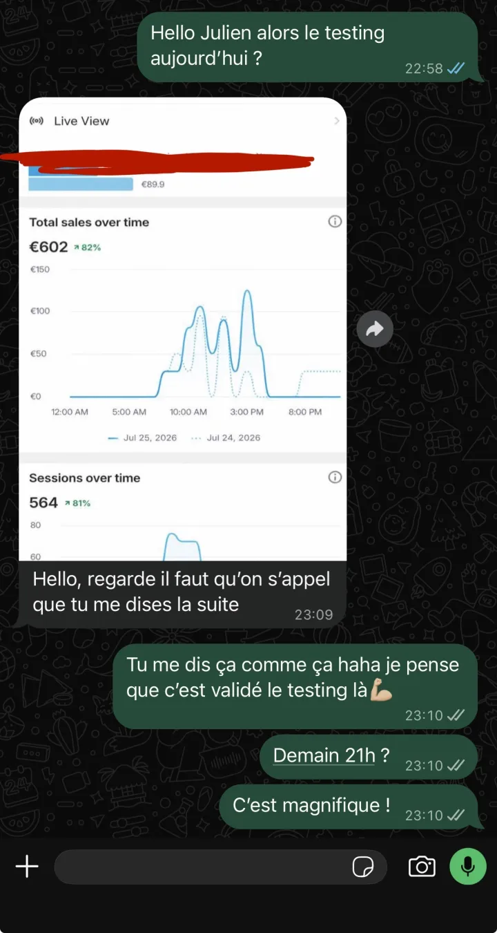 Message WhatsApp de Julien : ses premières ventes en phase de test