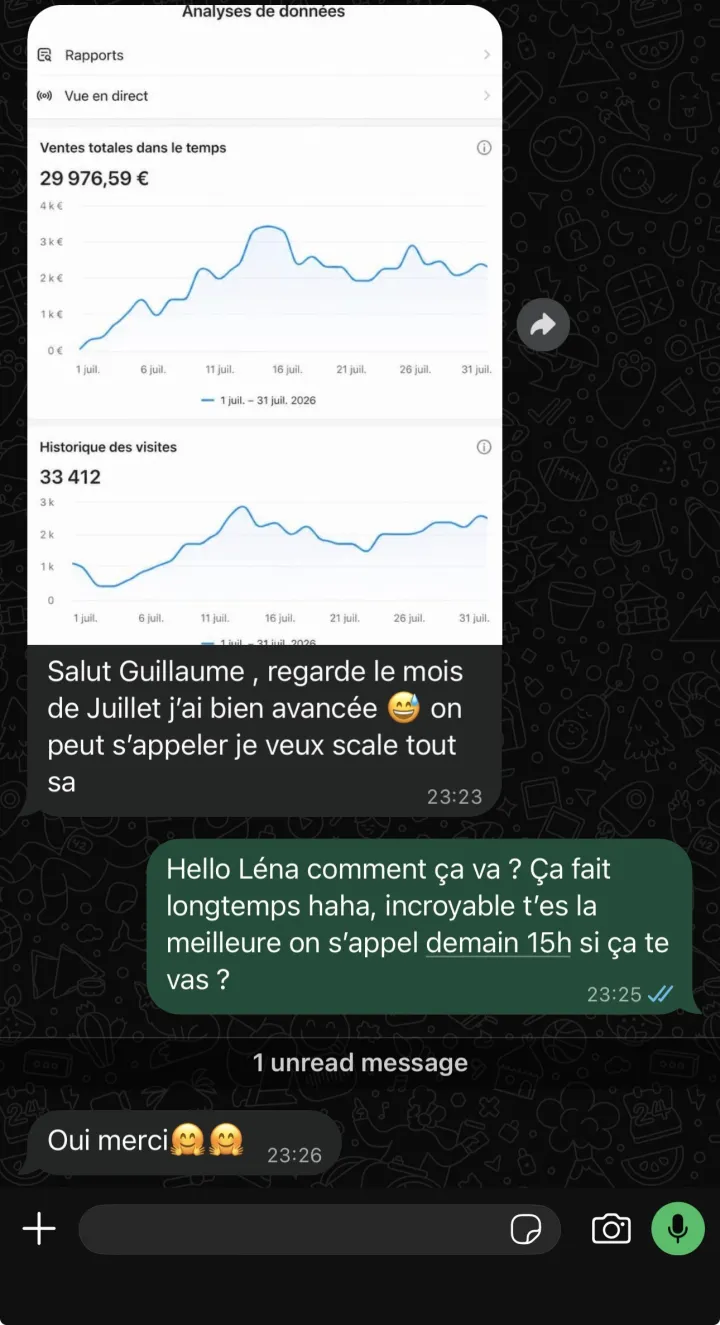 Message WhatsApp de Léna : sa boutique avance, elle veut passer à l'échelle